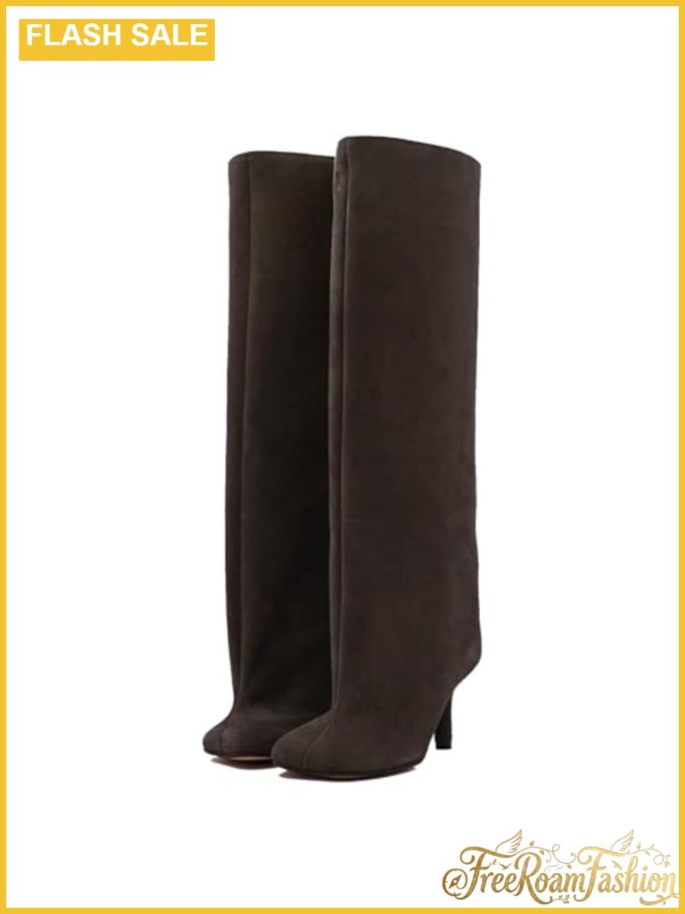 Suede Knee High Boots Square Toe Stiletto Heel Wide Calf Pull On